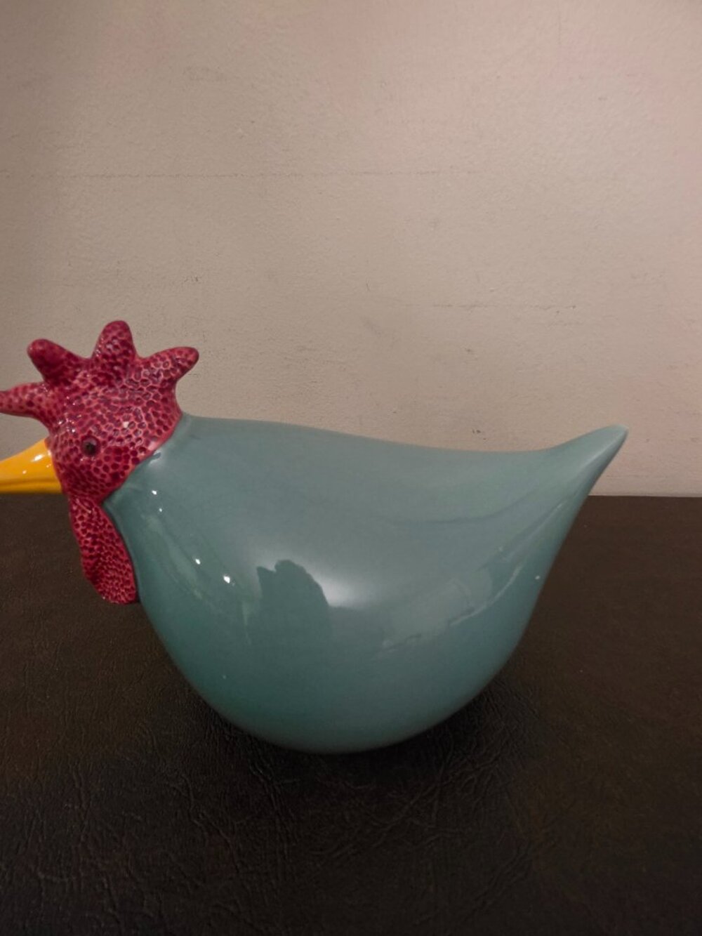 Ceramic chicken hen figurine features a teal crackle style design, hand-painted